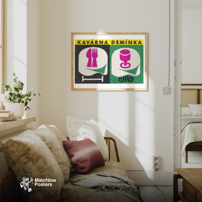 Cafe Deminka - vintage matchbox label print - living room mockup
