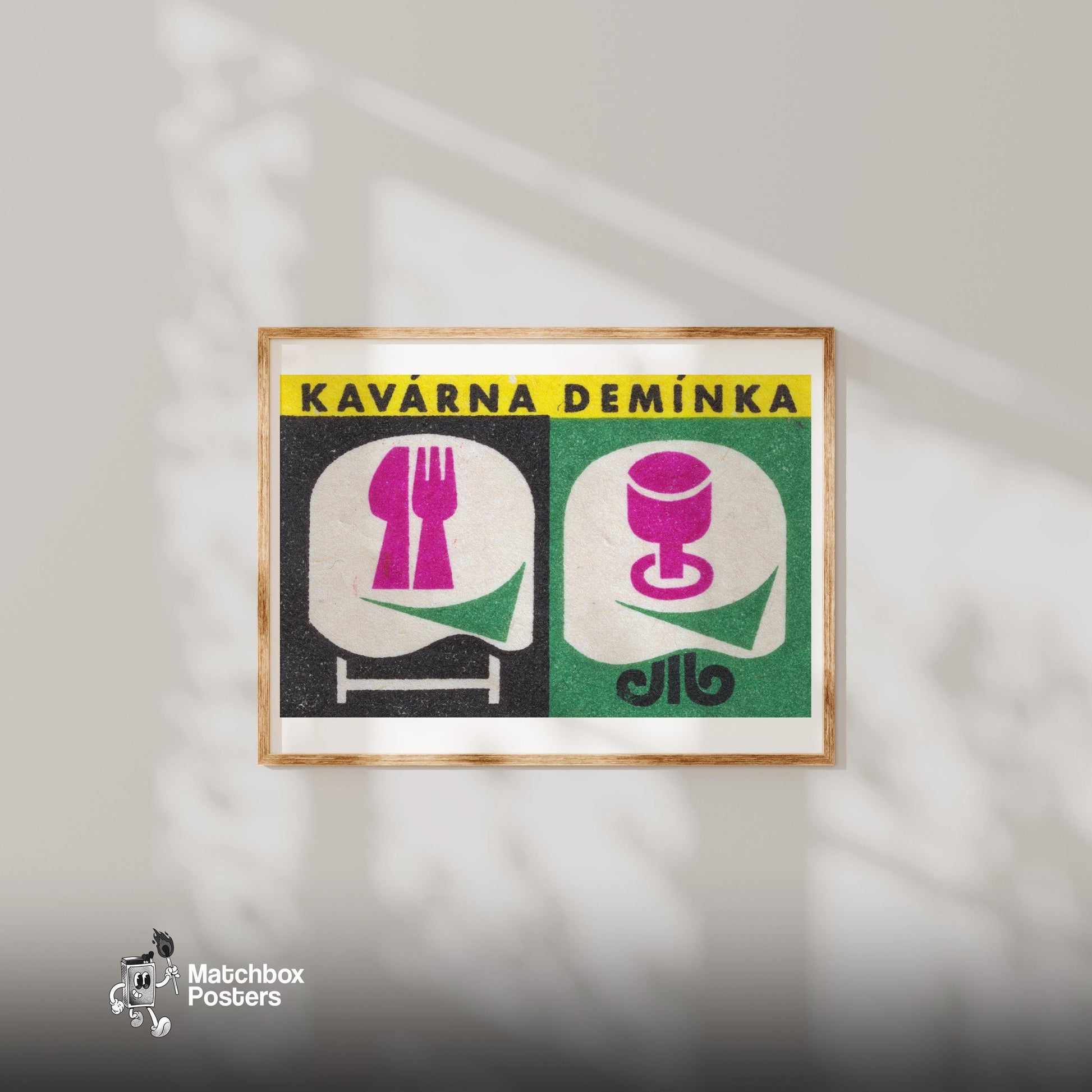 Cafe Deminka - vintage matchbox label print - bedroom mockup