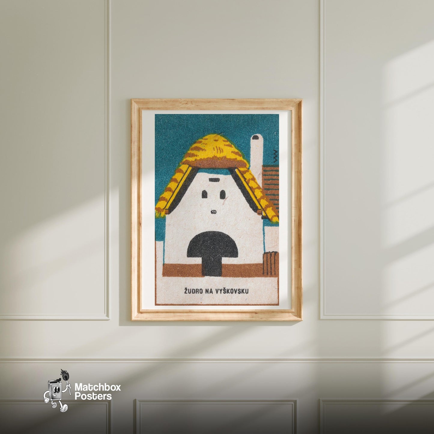 Thatched Roof Barn - vintage matchbox label print - bedroom mockup