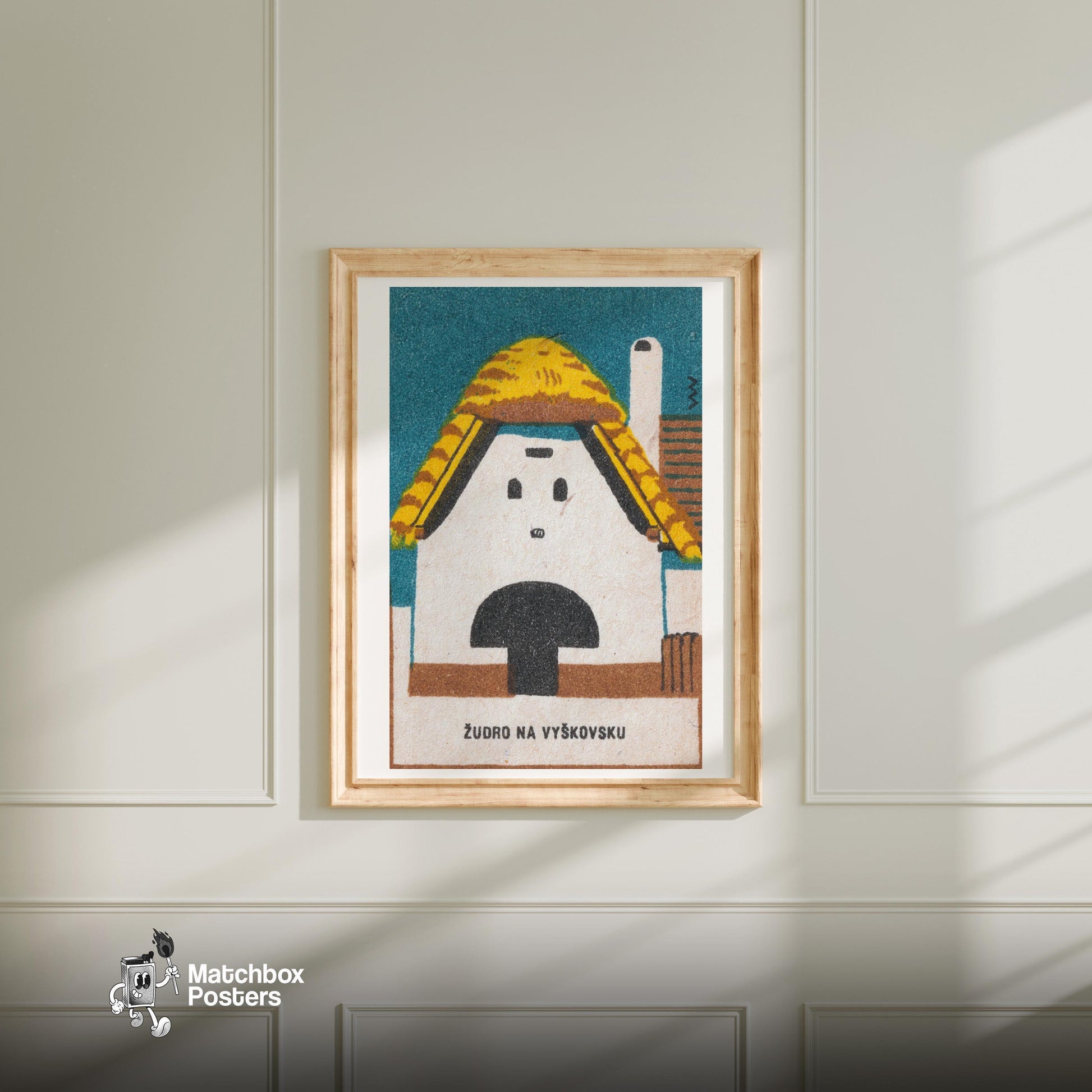 Thatched Roof Barn - vintage matchbox label print - bedroom mockup
