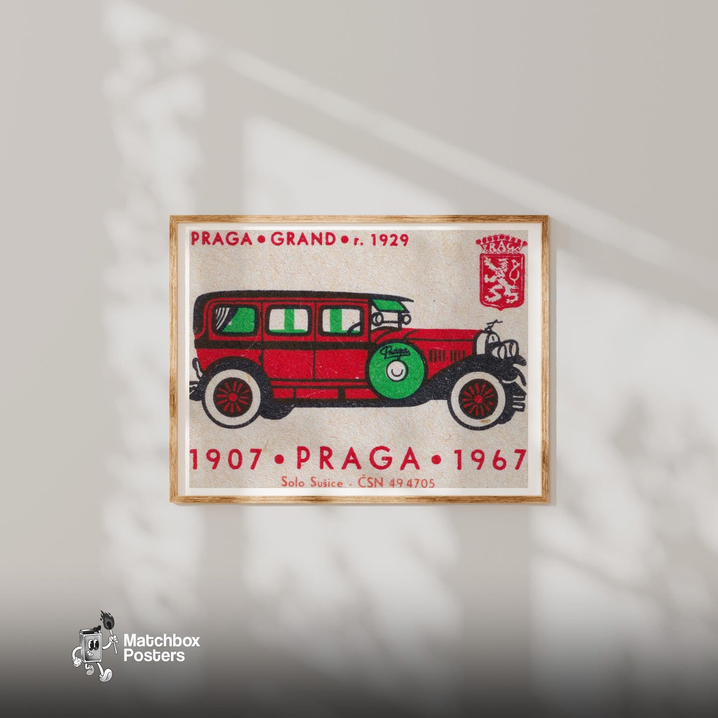 Long Red Car - vintage matchbox label print - bedroom mockup