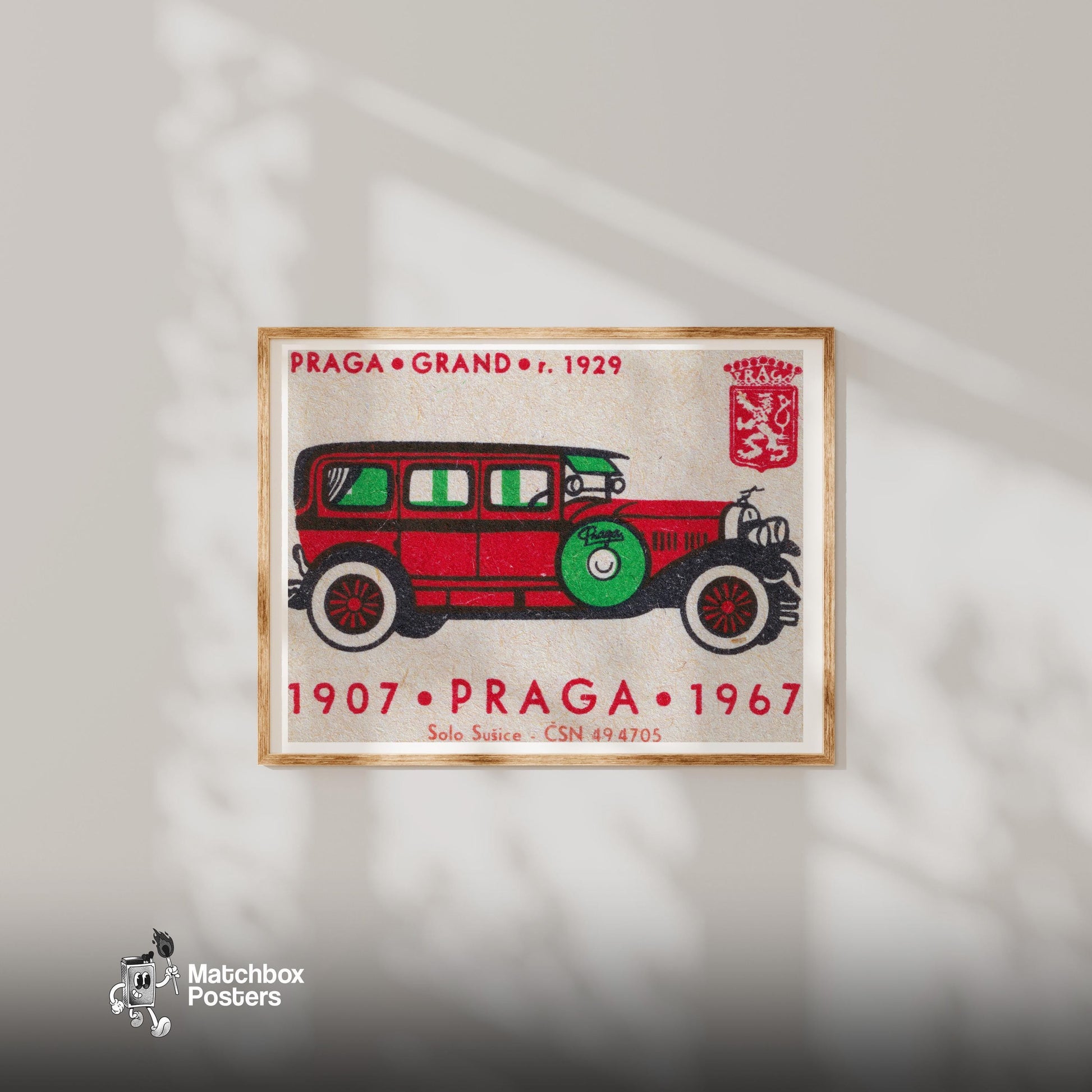 Long Red Car - vintage matchbox label print - bedroom mockup