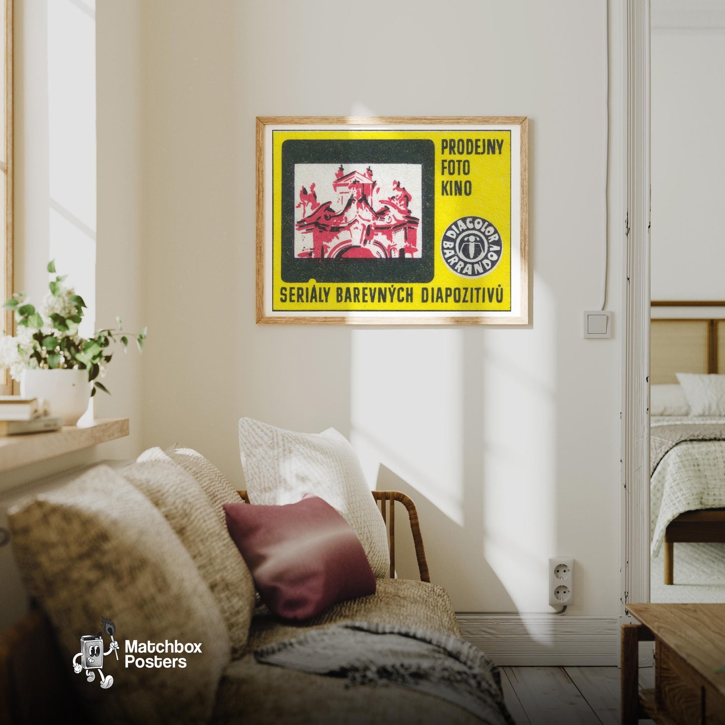 Photo Cinema Shop - vintage matchbox label print - living room mockup