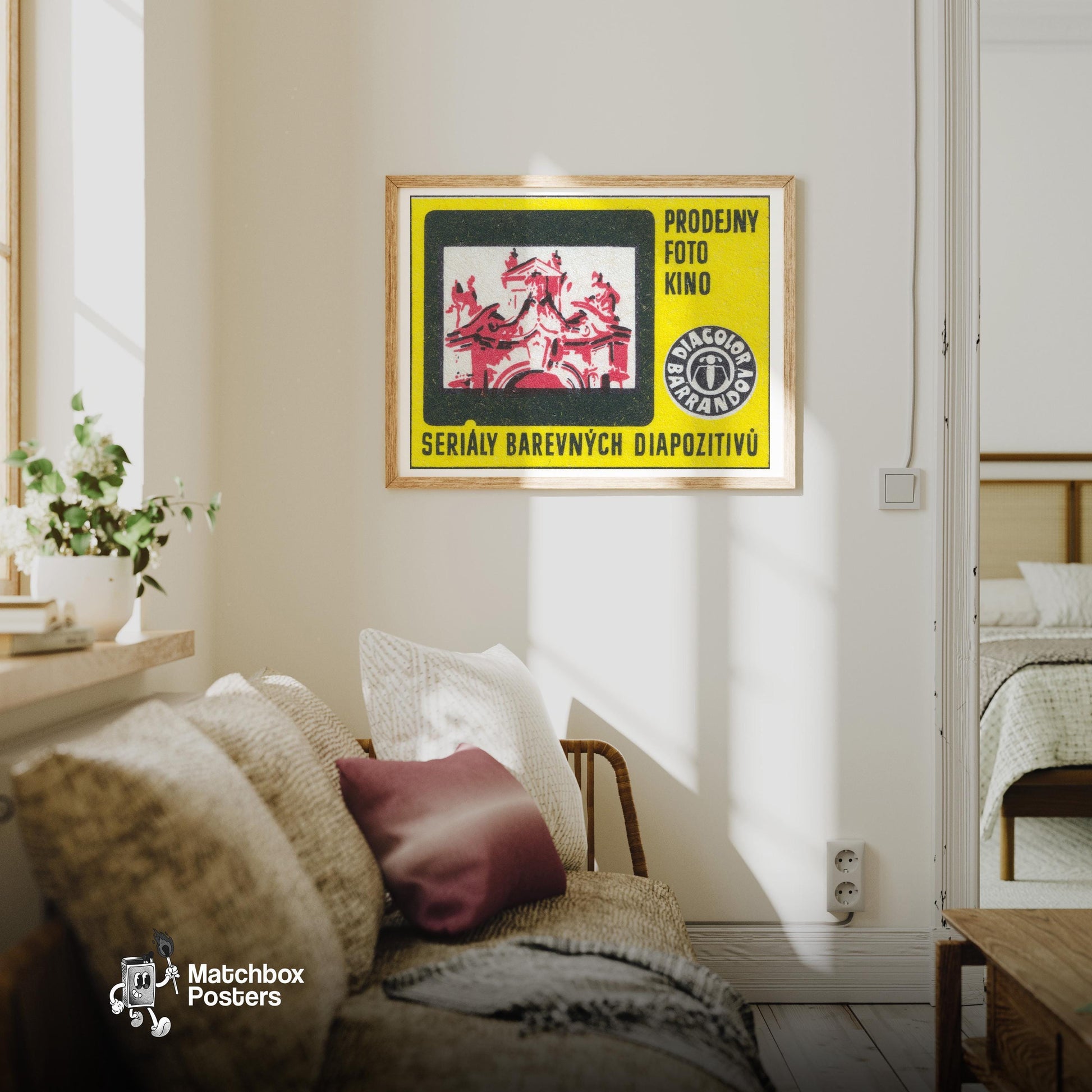 Photo Cinema Shop - vintage matchbox label print - living room mockup
