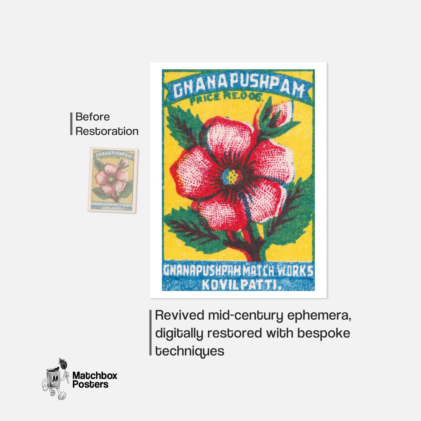 Red Flower - vintage matchbox label print - framed wall art preview