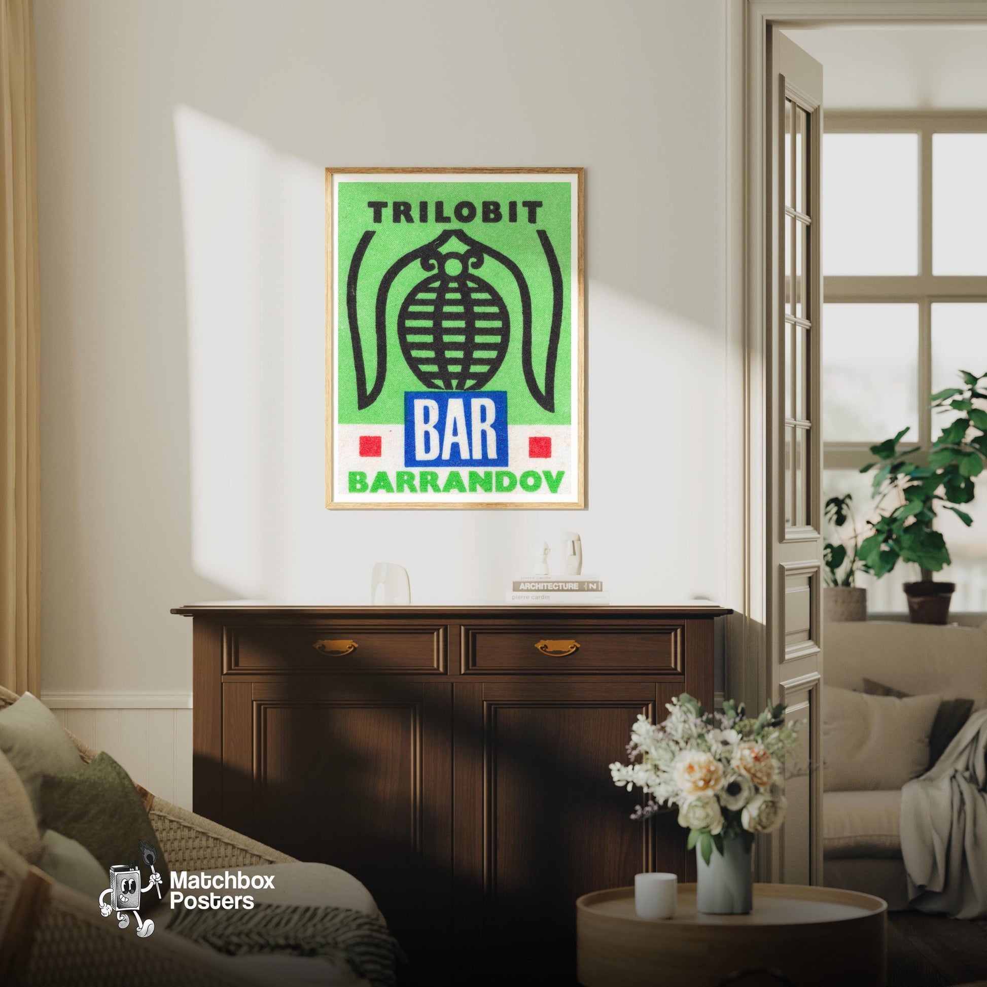 Trilobit Bar - vintage matchbox label print - living room mockup