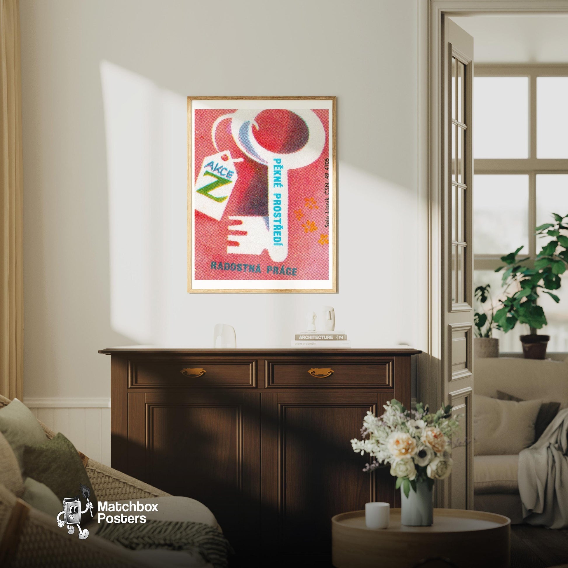 Clean Environment is Key - vintage matchbox label print - living room mockup
