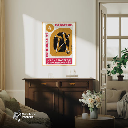 Replace Broken Tools! - vintage matchbox label print - living room mockup