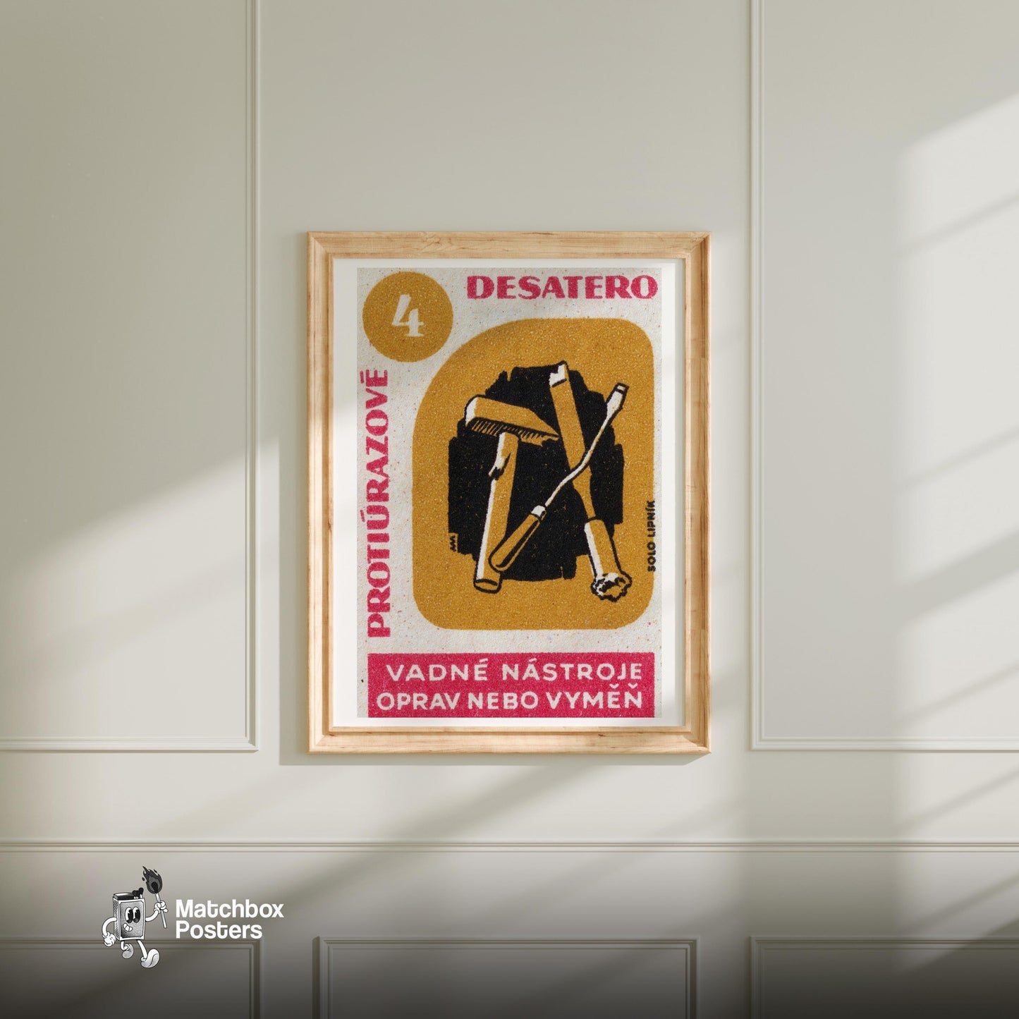 Replace Broken Tools! - vintage matchbox label print - bedroom mockup