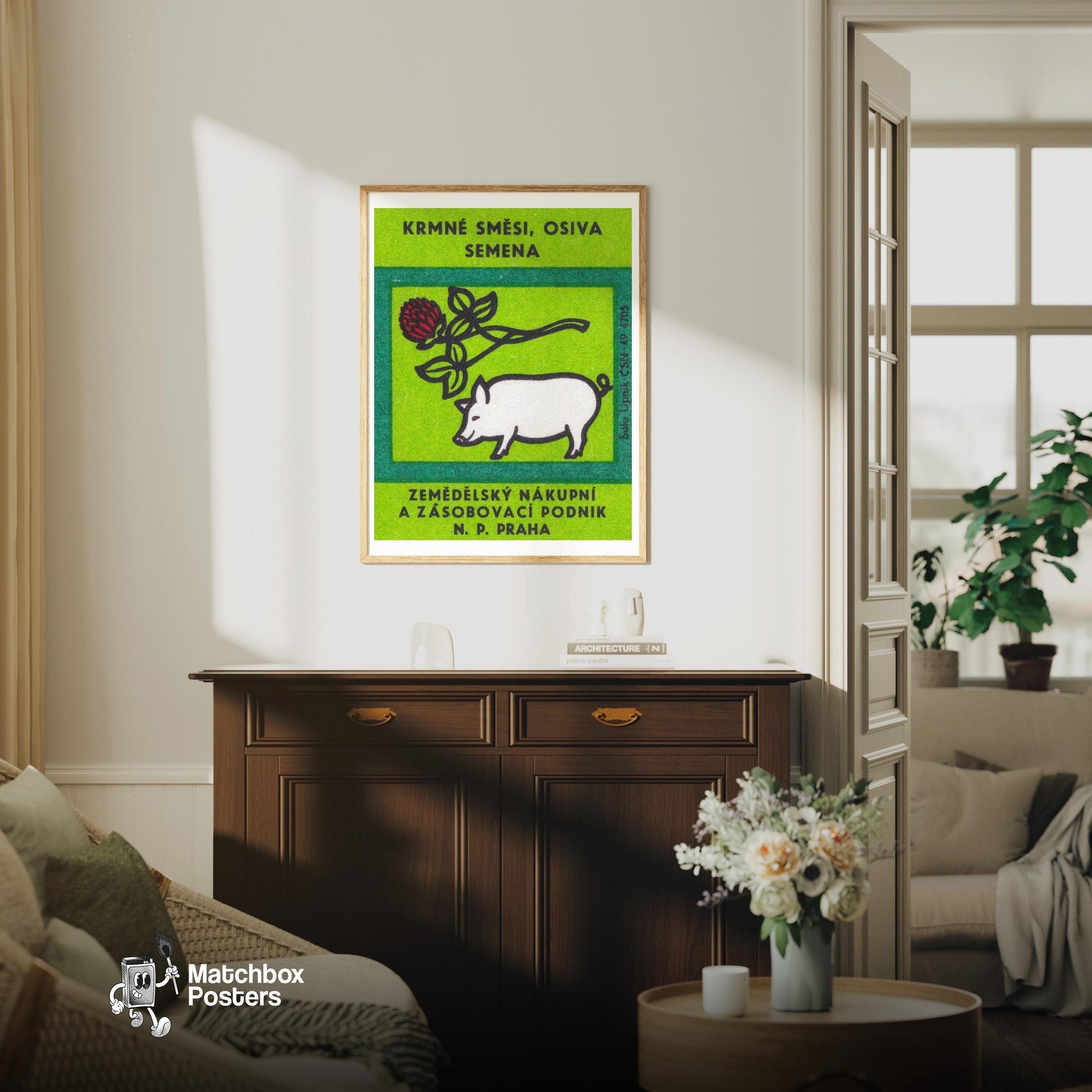 Animal Feed Mixtures - vintage matchbox label print - living room mockup