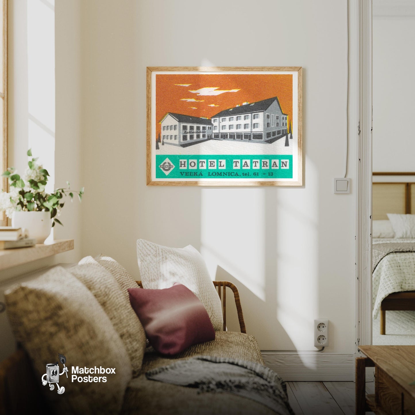 Hotel Tatran - vintage matchbox label print - living room mockup