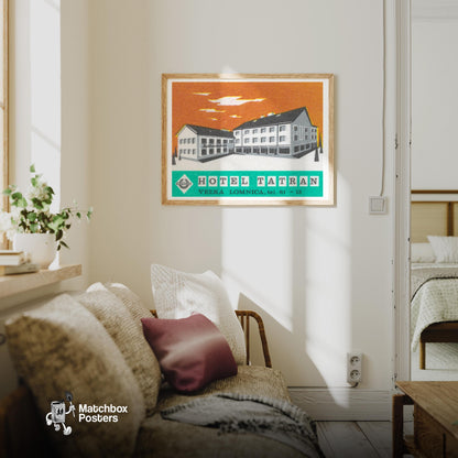 Hotel Tatran - vintage matchbox label print - living room mockup