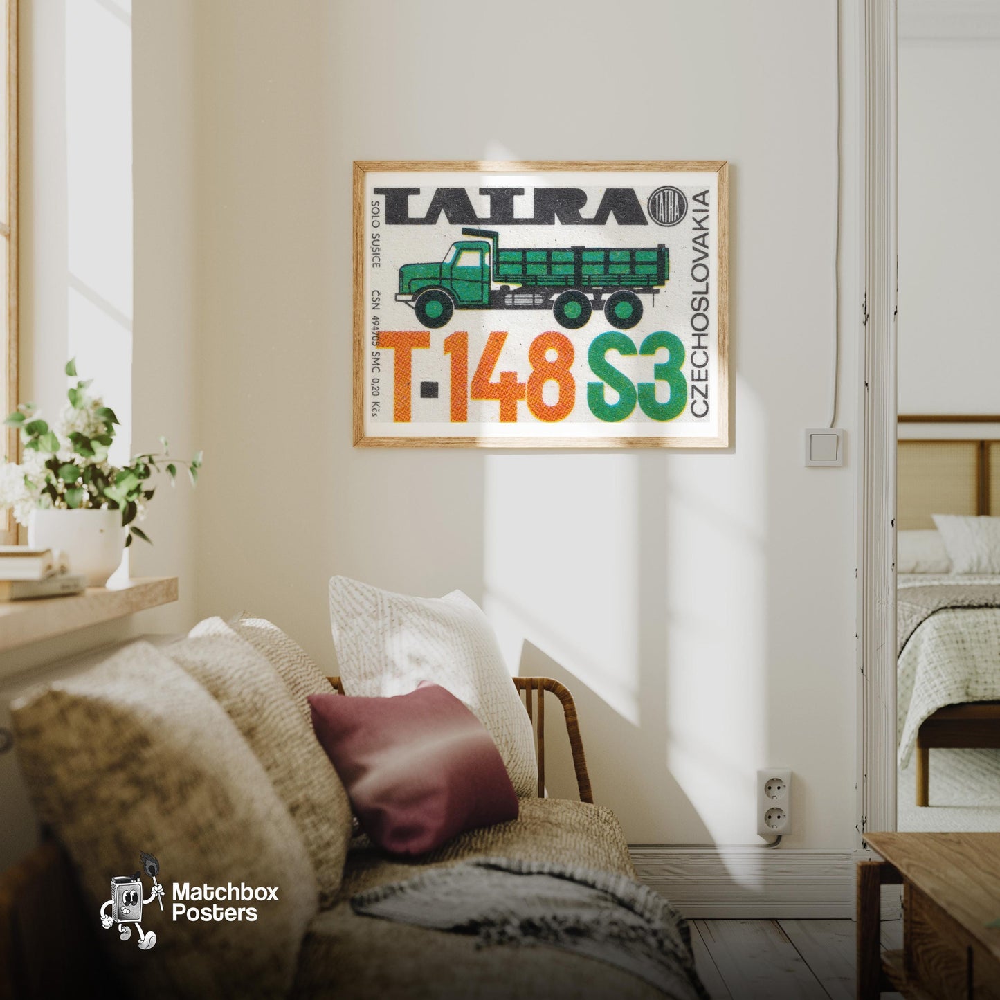Medium Green Truck - vintage matchbox label print - living room mockup