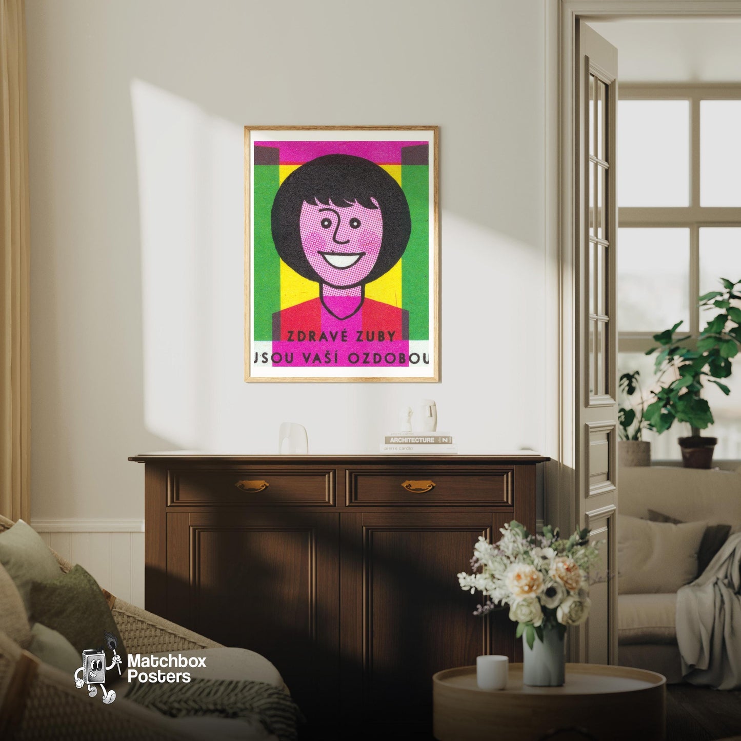 Healthy Teeth Are Beautiful - vintage matchbox label print - living room mockup