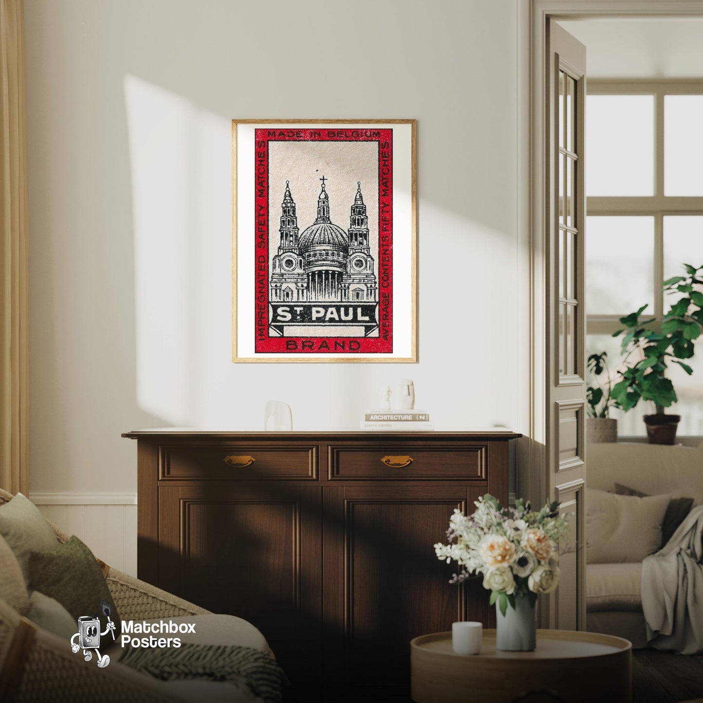St. Paul's Cathedral - vintage matchbox label print - living room mockup