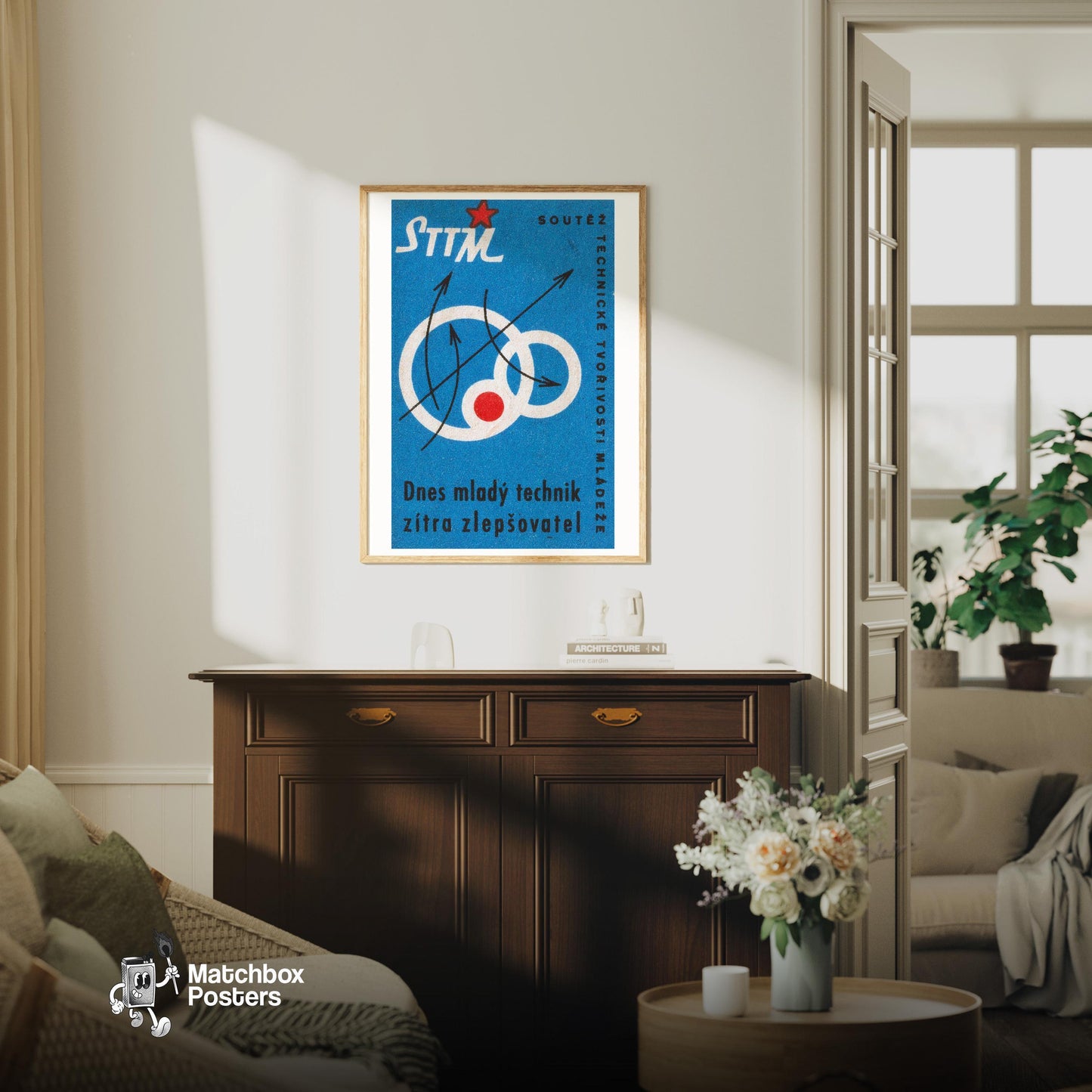 Innovation Tomorrow - vintage matchbox label print - living room mockup