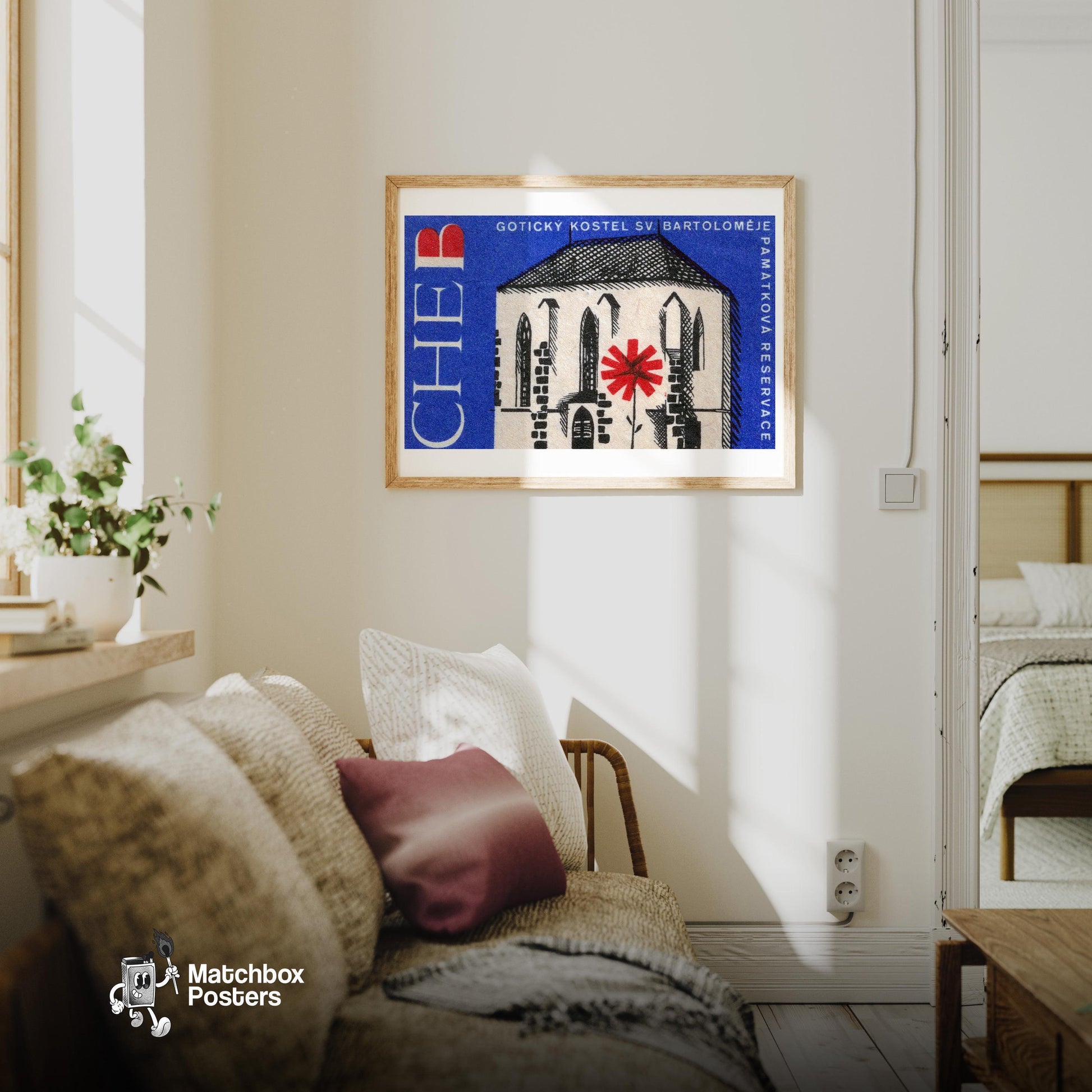 Red Flower House - vintage matchbox label print - living room mockup