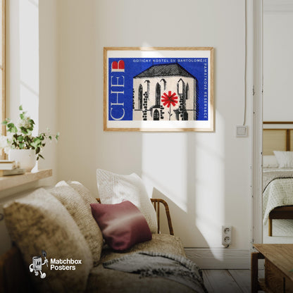 Red Flower House - vintage matchbox label print - living room mockup