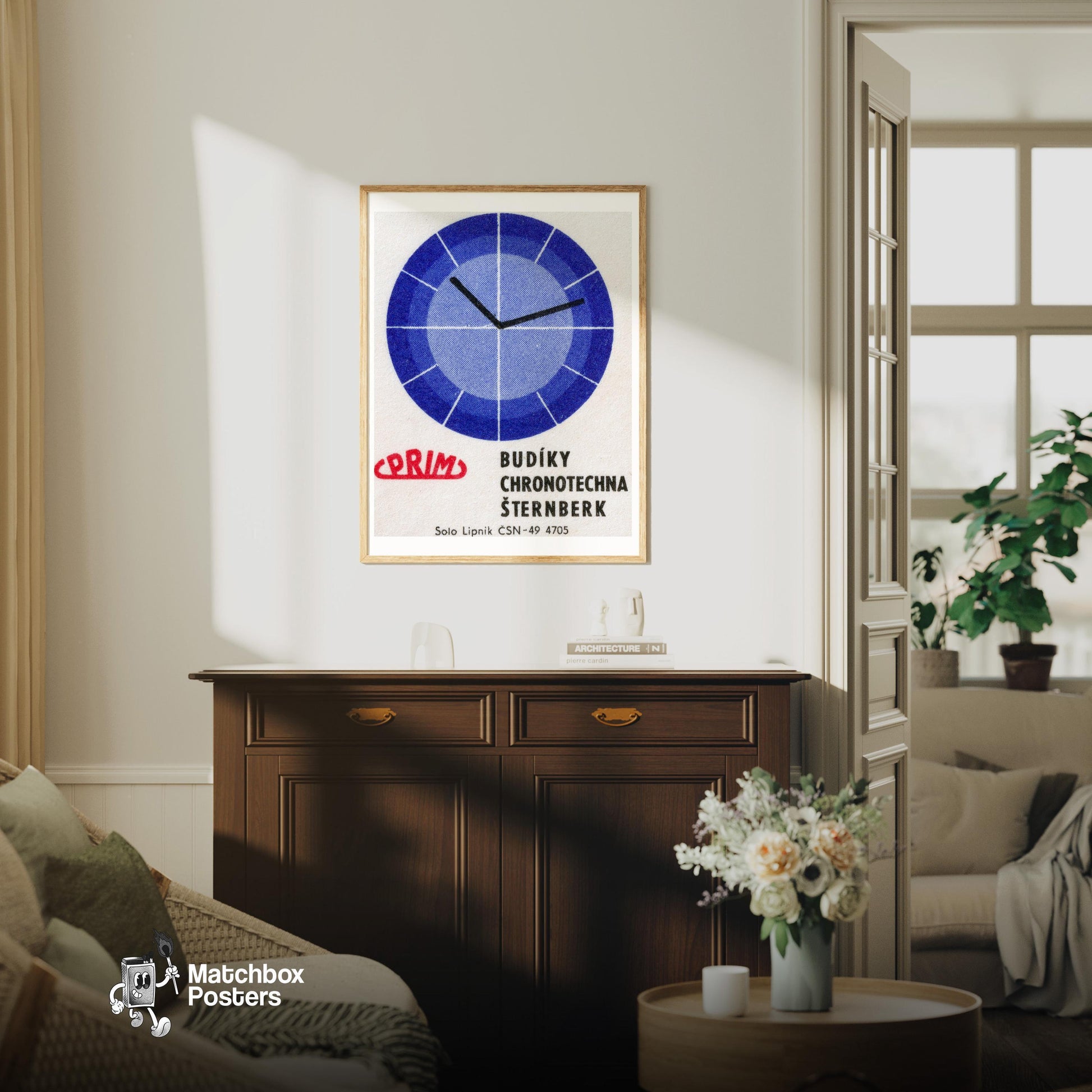 Alarm Clock - vintage matchbox label print - living room mockup