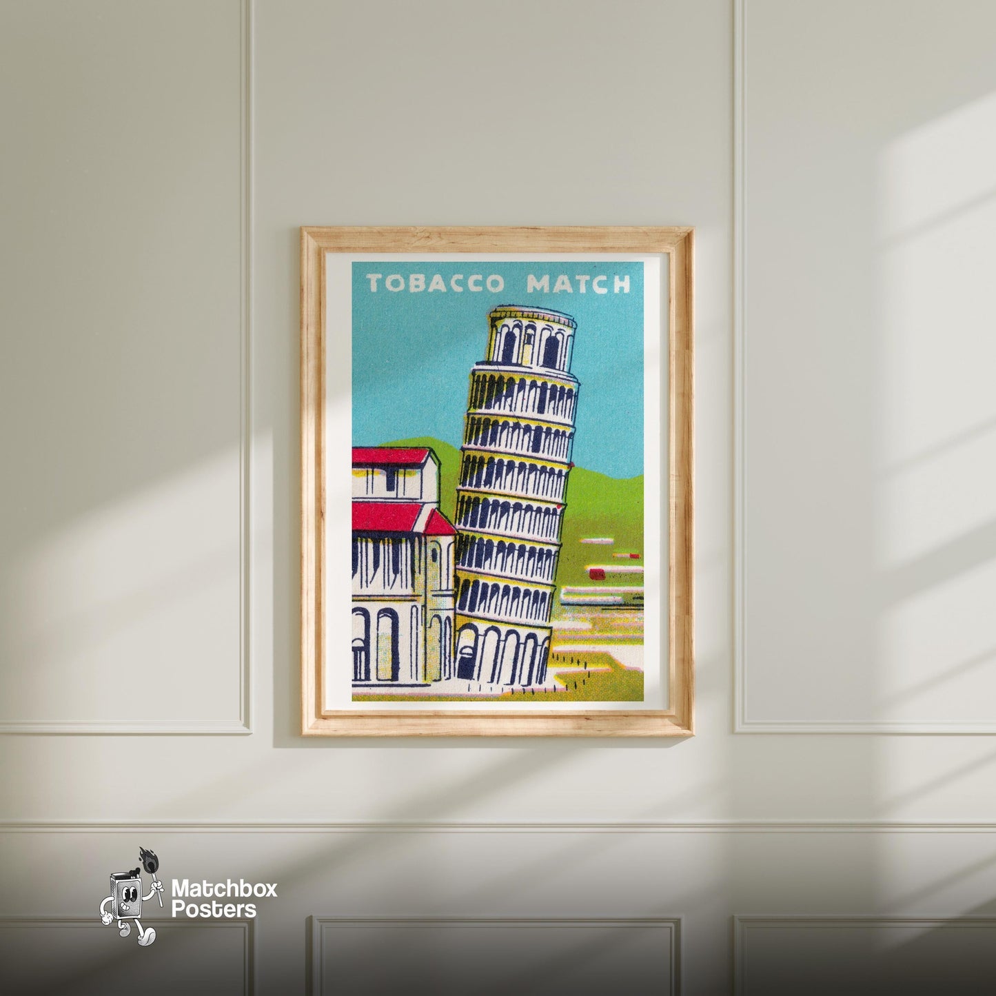 Leaning Tower of Pisa - vintage matchbox label print - bedroom mockup