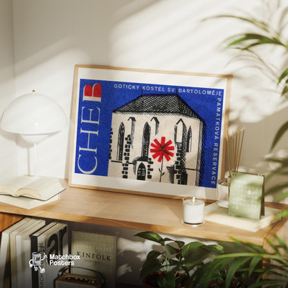 Red Flower House - vintage matchbox label print - office wall