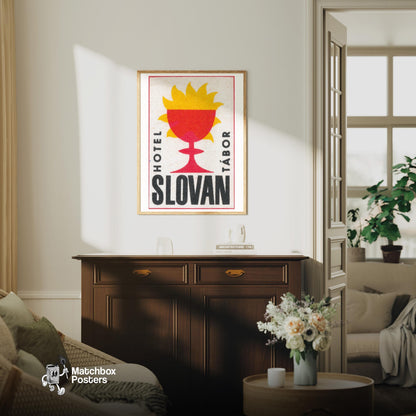 Red Sun Goblet Hotel - vintage matchbox label print - living room mockup