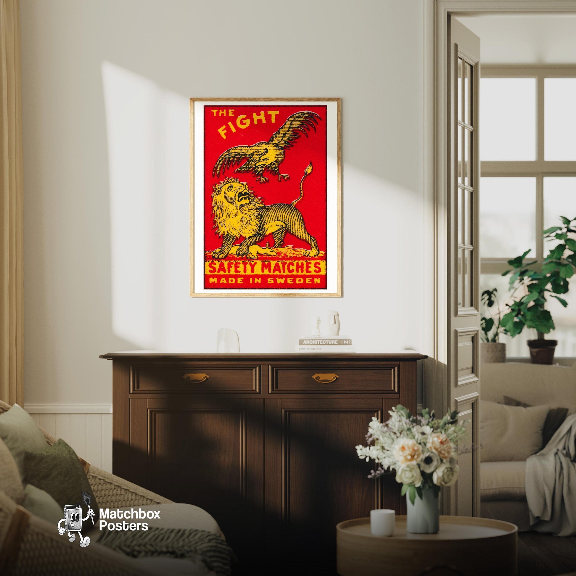 The Fight - vintage matchbox label print - living room mockup