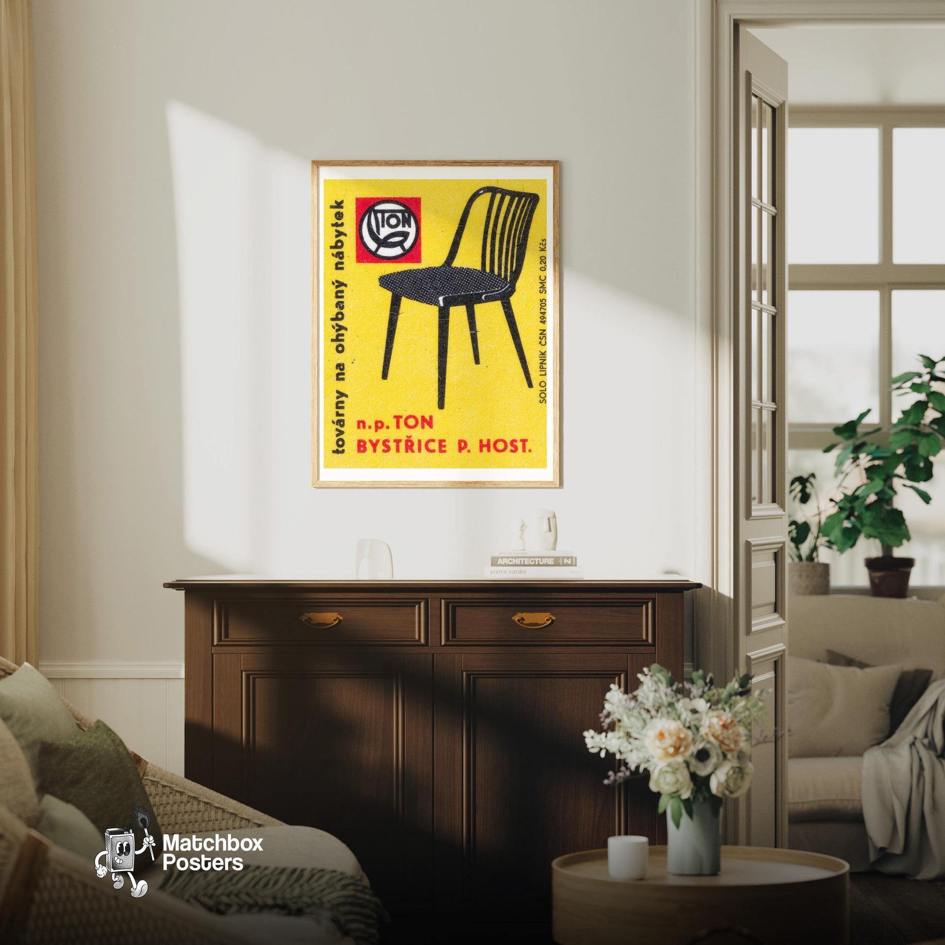 BLack Chair - vintage matchbox label print - living room mockup