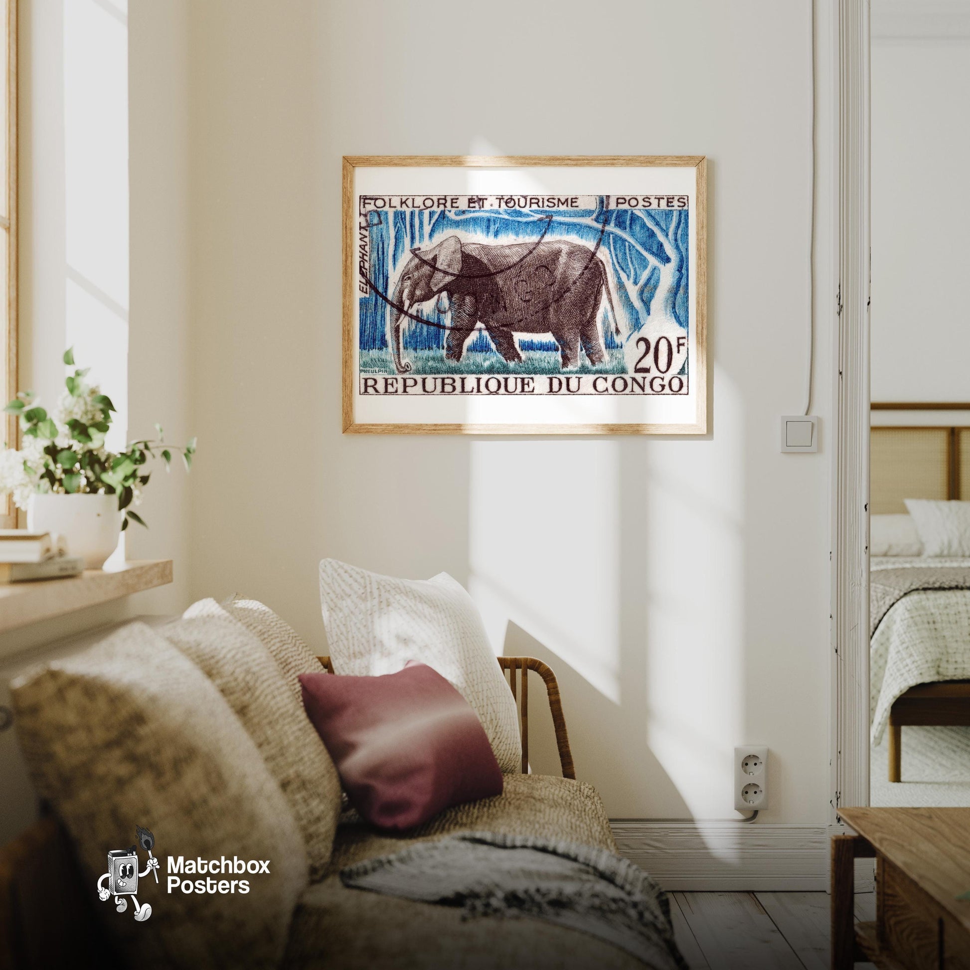 Bull Elephant - vintage matchbox label print - living room mockup