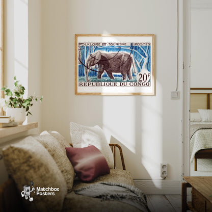 Bull Elephant - vintage matchbox label print - living room mockup