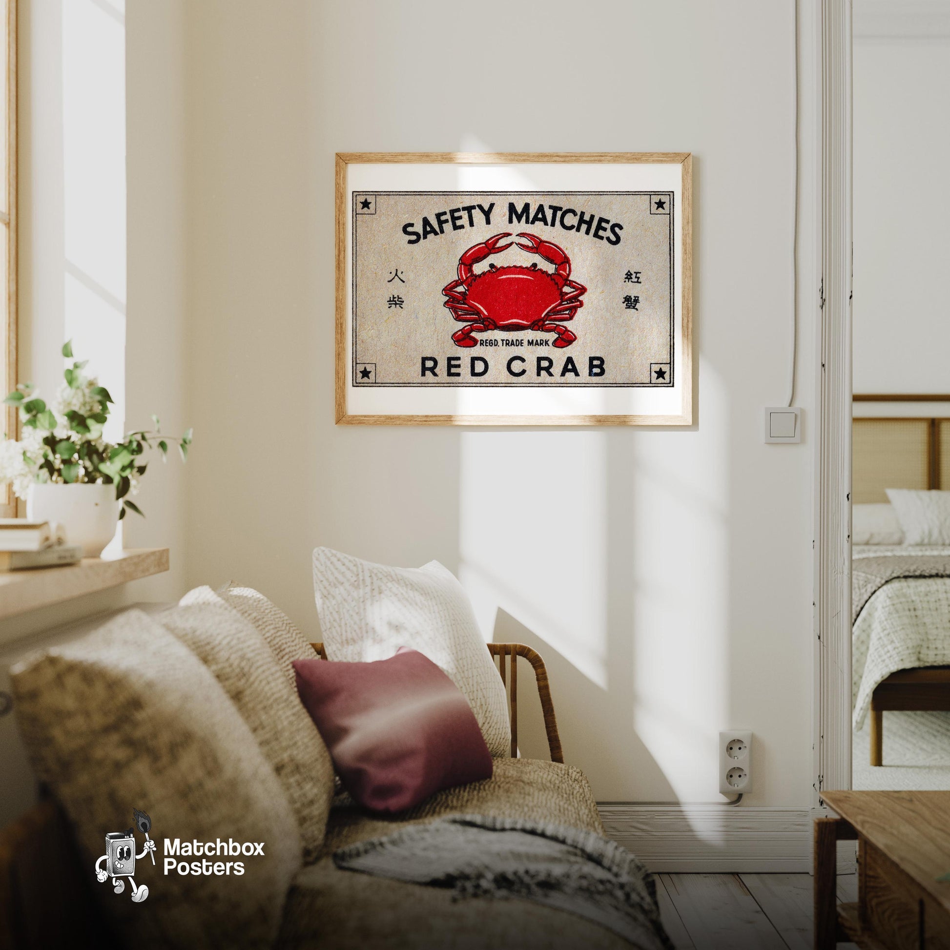 Red Crab - vintage matchbox label print - living room mockup