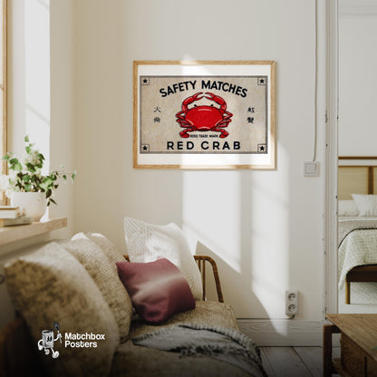 Red Crab - vintage matchbox label print - living room mockup