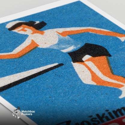 Female Athlete Playing Table Tennis - vintage matchbox label print - close-up detail