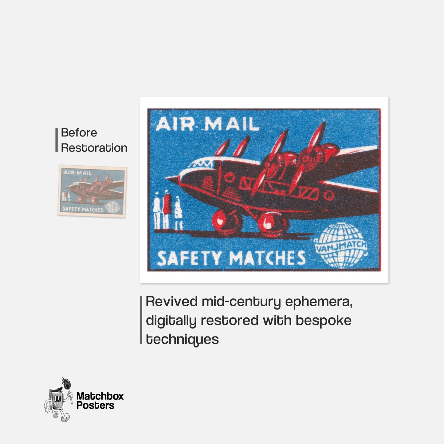 Red Airplane - vintage matchbox label print - framed wall art preview
