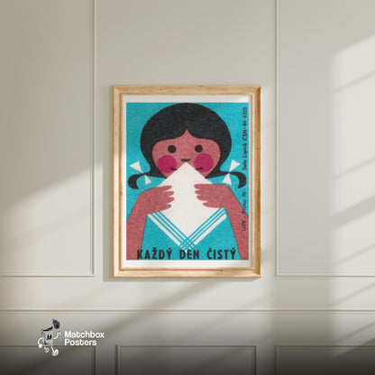 Child with Cloth - vintage matchbox label print - bedroom mockup