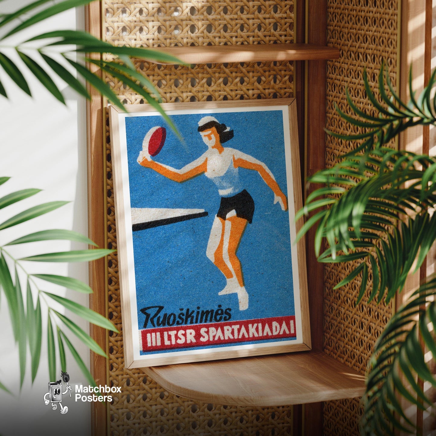 Female Athlete Playing Table Tennis - vintage matchbox label print - office wall