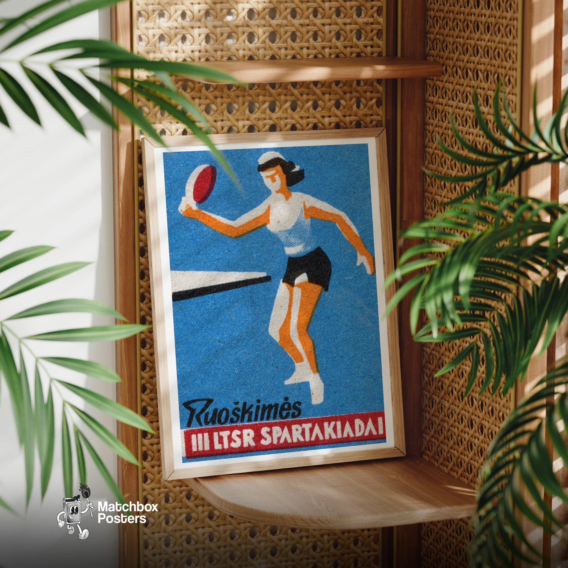 Female Athlete Playing Table Tennis - vintage matchbox label print - office wall