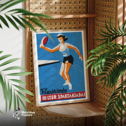 Female Athlete Playing Table Tennis - vintage matchbox label print - office wall