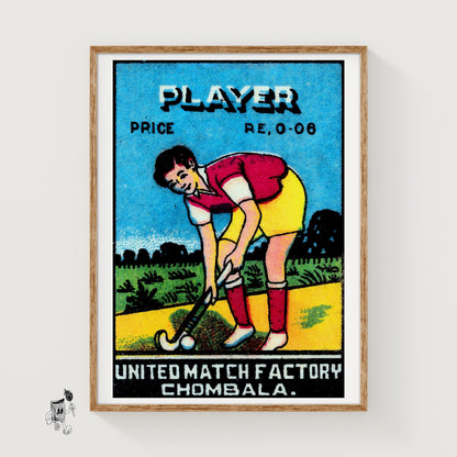 Field Hockey Player - vintage matchbox label print