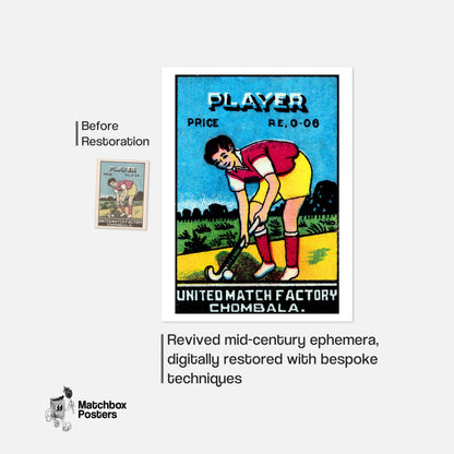 Field Hockey Player - vintage matchbox label print - framed wall art preview