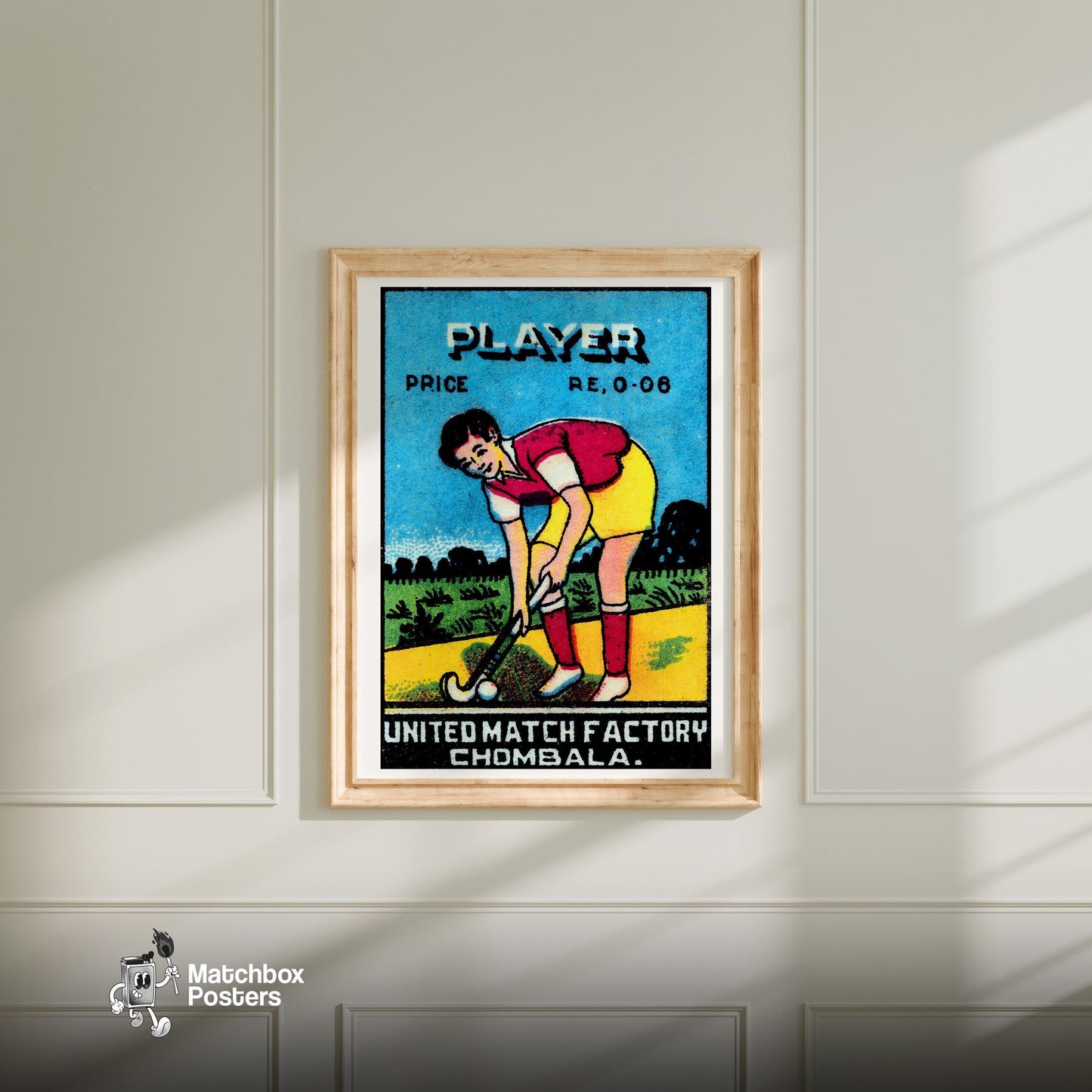 Field Hockey Player - vintage matchbox label print - bedroom mockup