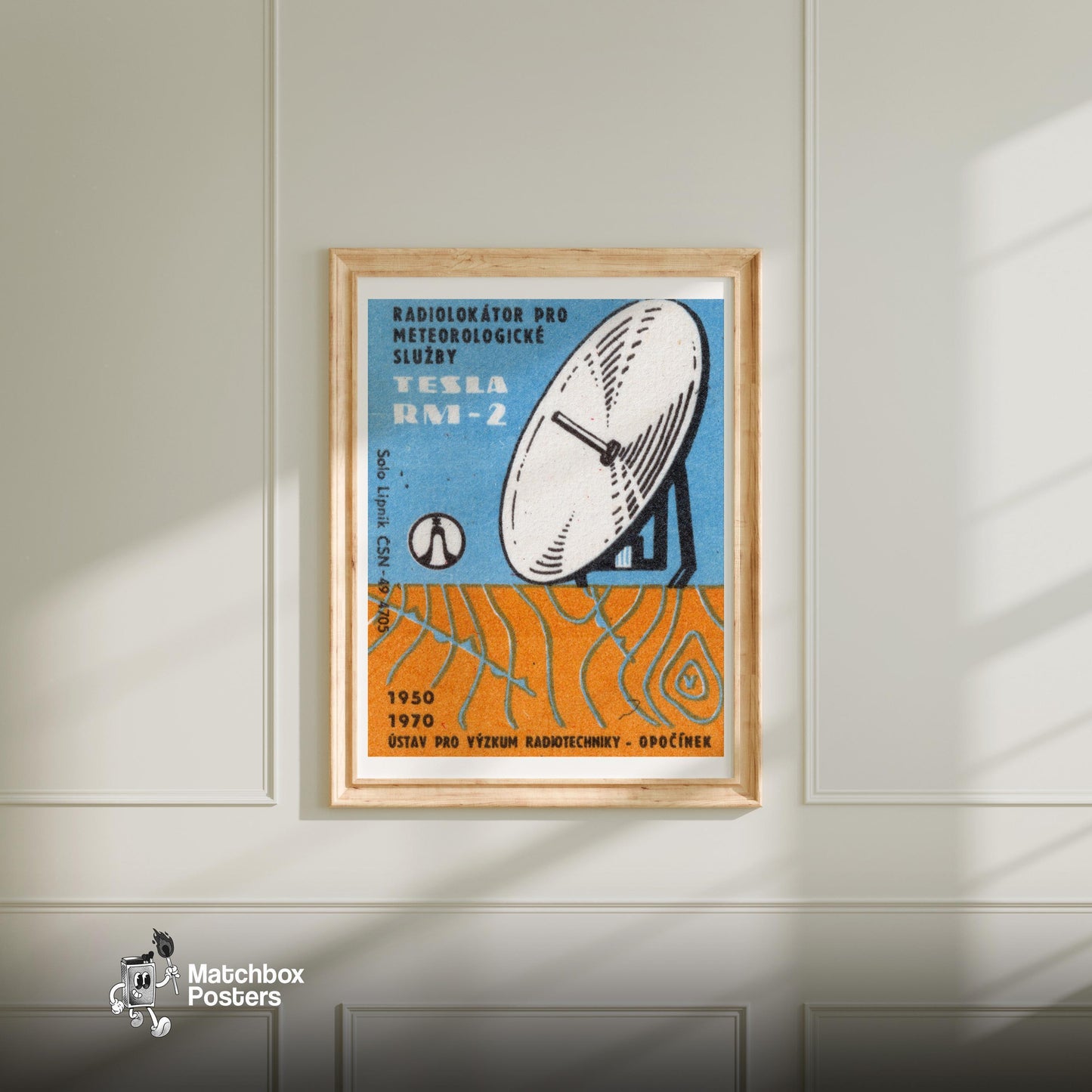 Illustration Of A Satellite Dish - vintage matchbox label print - bedroom mockup
