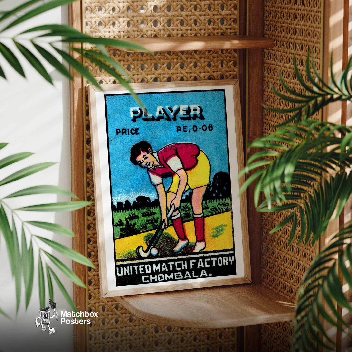 Field Hockey Player - vintage matchbox label print - office wall