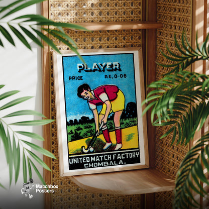 Field Hockey Player - vintage matchbox label print - office wall