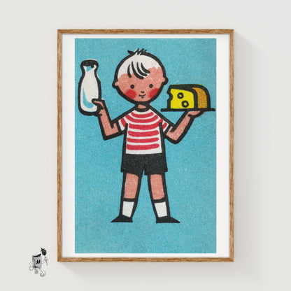 Boy with Milk and Cheese - vintage matchbox label print