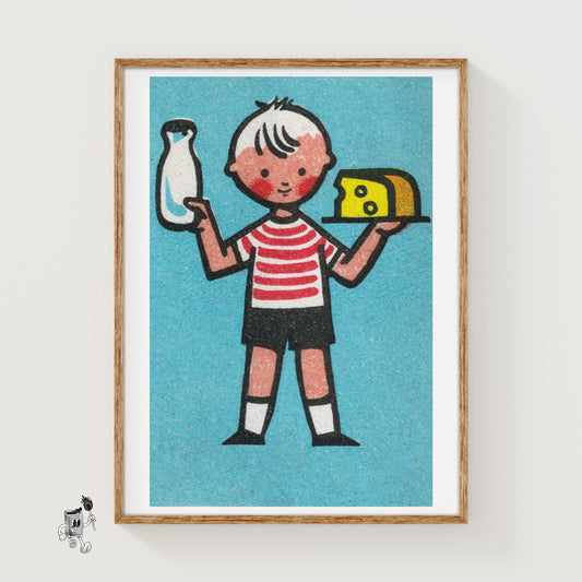 Boy with Milk and Cheese - vintage matchbox label print