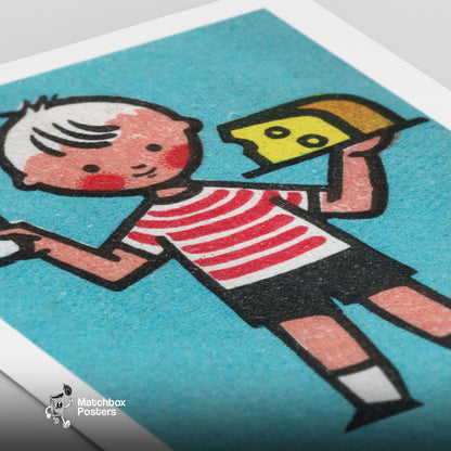 Boy with Milk and Cheese - vintage matchbox label print - close-up detail