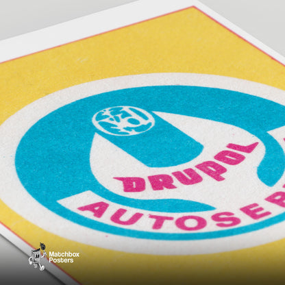 Car Servicing Advert - vintage matchbox label print - close-up detail