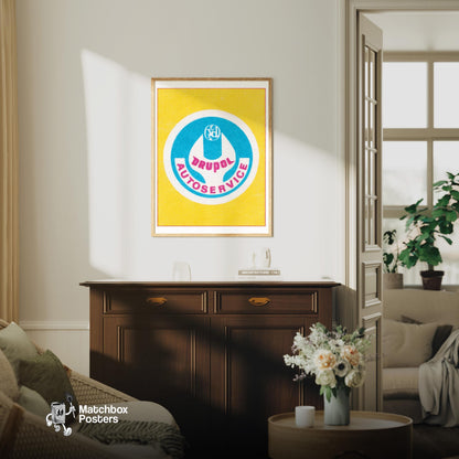 Car Servicing Advert - vintage matchbox label print - living room mockup
