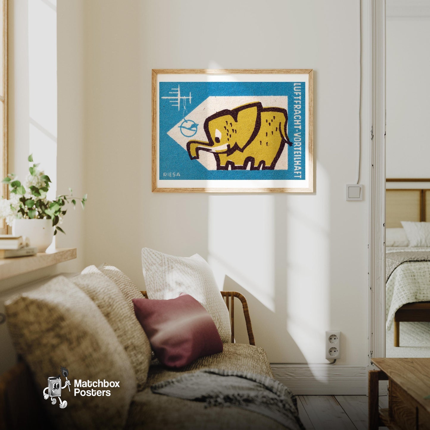 Yellow Elephant - vintage matchbox label print - living room mockup